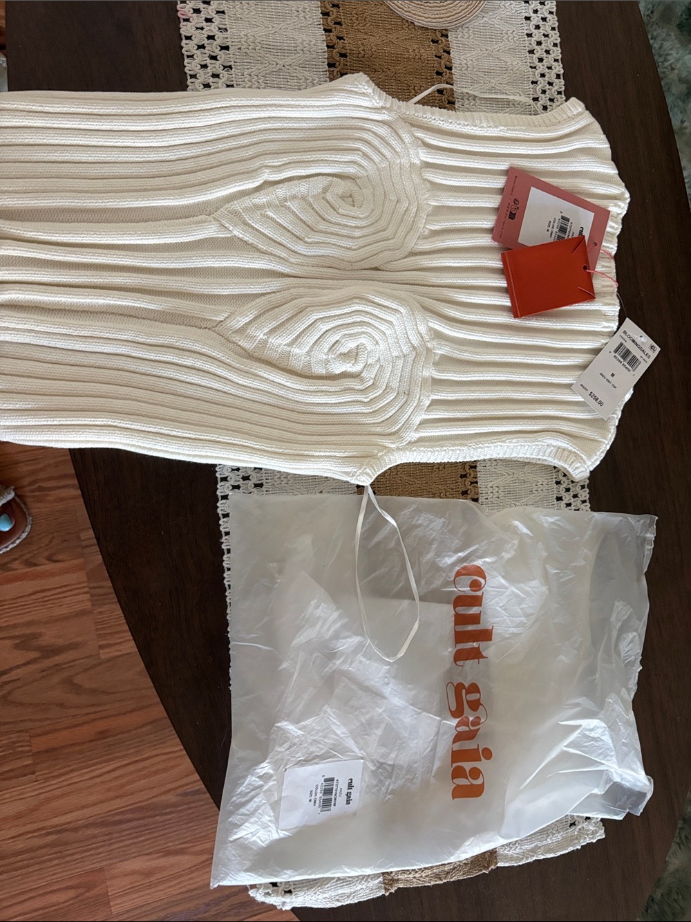 cult gaia Cream Ribbed Strapless Knit Sweater Top